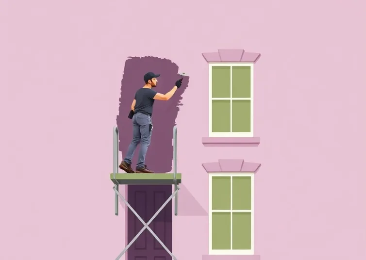 Peintre sur échafaudage traitant la façade d'une maison